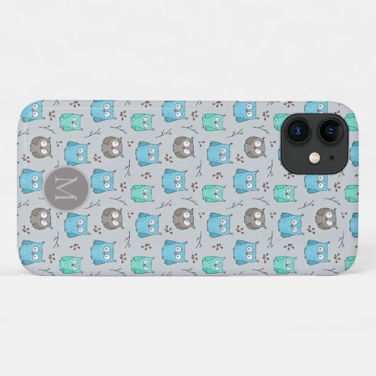 Cute Blue Gray Owl Pattern Monogram Case-Mate iPhone Case (Achterkant (horizontaal))