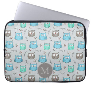 Cute Blue Gray Owl Pattern Monogram Laptop Sleeve
