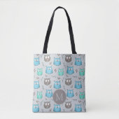 Cute Blue Gray Owl Pattern Monogram Tote Bag (Voorkant)