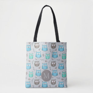 Cute Blue Gray Owl Pattern Monogram Tote Bag