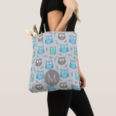 Cute Blue Gray Owl Pattern Monogram Tote Bag (Dichtbij)