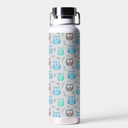 Cute Blue Gray Owl Pattern Monogram Waterfles (Achterkant)
