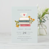 Cute Blue Gray Stapked Books Floral Wedding Invite Bedankkaart (Staand voorkant)