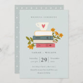 Cute Blue Gray Stapked Books Floral Wedding Invite Bedankkaart (Voorkant / Achterkant)