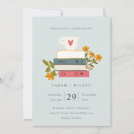 Cute Blue Gray Stapked Books Floral Wedding Invite Bedankkaart