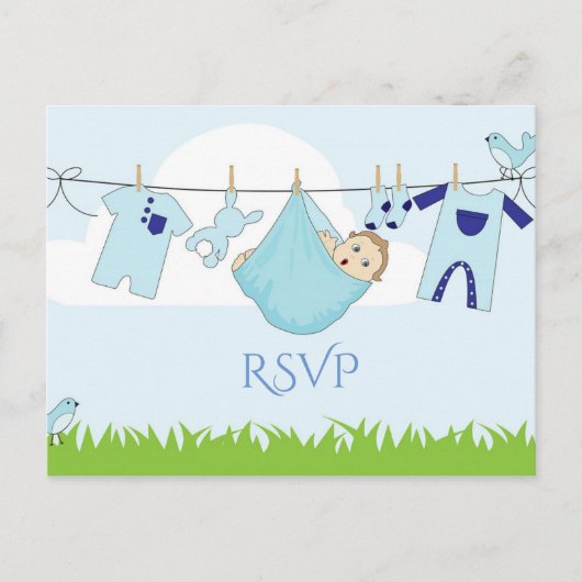 Cute Blue Green Boy Baby shower RSVP Briefkaart (Voorkant)