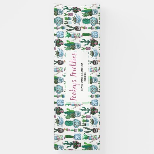 Cute blue & green cactus & succulent pottenpatroon spandoek (Verticaal)