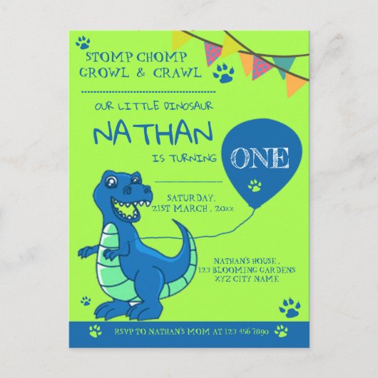 Cute Blue Green Dinosaur First Birthday Uitnodiging Briefkaart (Voorkant)