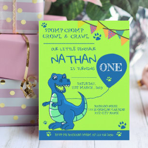 Cute Blue Green Dinosaur First Birthday Uitnodiging Briefkaart
