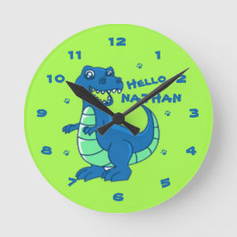 Cute Blue Green Dinosaur Hallo Name Kinder Ronde Klok