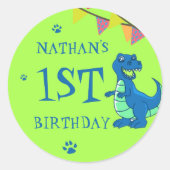 Cute Blue Green Dinosaur Thmed Birthday Party Ronde Sticker (Voorkant)
