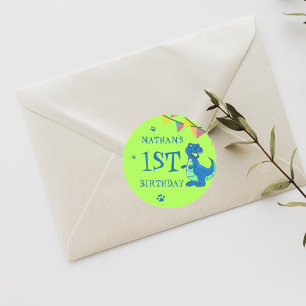 Cute Blue Green Dinosaur Thmed Birthday Party Ronde Sticker