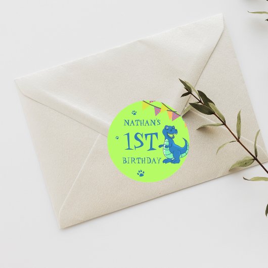 Cute Blue Green Dinosaur Thmed Birthday Party Ronde Sticker