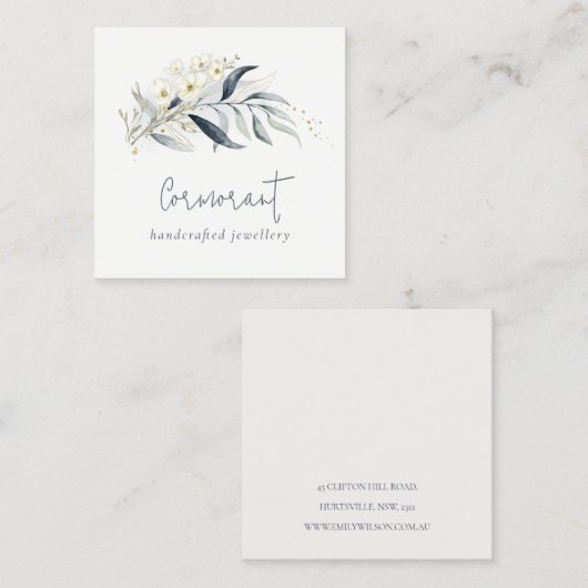 Cute Blue Green Gold Leafy Botanical Floral Bunch Vierkante Visitekaartje (Voorkant / Achterkant)