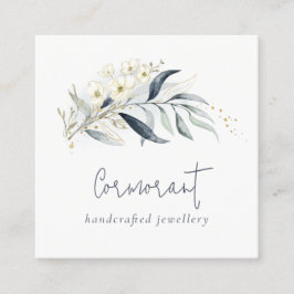 Cute Blue Green Gold Leafy Botanical Floral Bunch Vierkante Visitekaartje