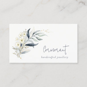 Cute Blue Green Gold Leafy Botanical Floral Bunch Visitekaartje