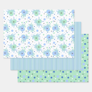 Cute Blue & Green Octopus, Stripes, Polka-Stippen  Inpakpapier Vel