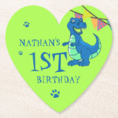 Cute Blue Green Paw Dinosaur Thmed Birthday Party Kartonnen Onderzetters (Voorkant)
