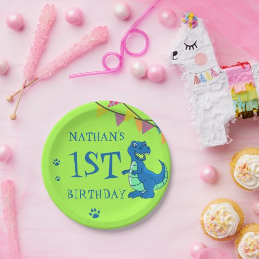 Cute Blue Green Paw Dinosaur Thmed Birthday Party Papieren Bordje (Feest)