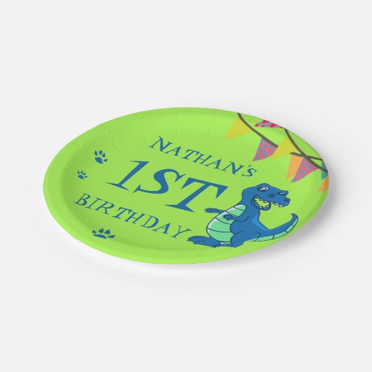 Cute Blue Green Paw Dinosaur Thmed Birthday Party Papieren Bordje (Gekanteld)
