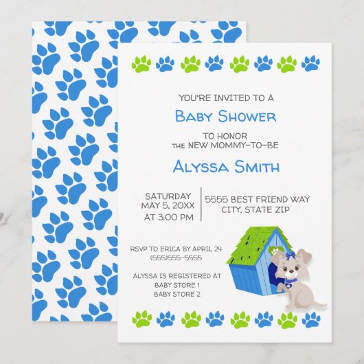 Cute Blue Green Puppy Dog Baby shower Invite Kaart (Voorkant / Achterkant)