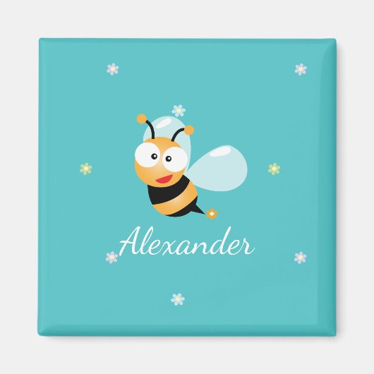 Cute Blue Green Sweet Bumble Bee Flowers Cartoon Magneet (Voorkant)