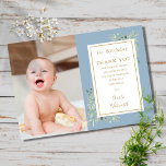 Cute Blue Greenery 1st Birthday Foto Bedankkaart<br><div class="desc">De moderne 1 e verjaardag bedankt je foto met groene houtbladeren op een blauwe achtergrond. Persoonlijk met je foto en speciale verjaardag dank je de boodschap in de chic gold typografie. Een perfecte manier om je te bedanken! Ontworpen door: Thisnotme©</div>