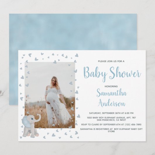 Cute Blue Grey Baby Elephant Waterverf Foto Kaart (Voorkant / Achterkant)