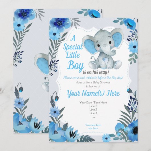 Cute Blue Grey Elephant Invitation Baby shower Kaart (Voorkant / Achterkant)