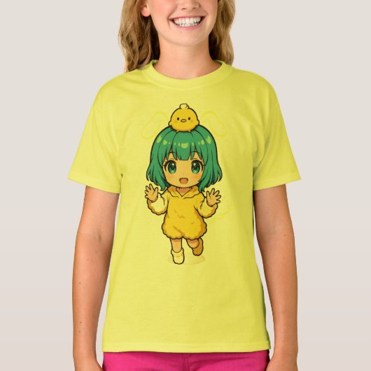 Cute Blue-Haired Chibi Girl in Chick T-Shirt (Voorkant)