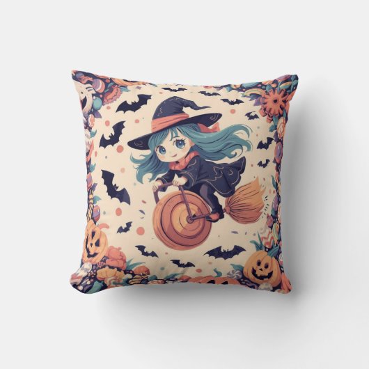 Cute Blue-Haired Witch Halloween Pillow Kussen (Voorkant)
