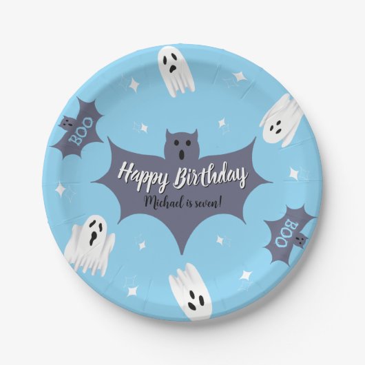 Cute Blue Halloween Birthday Party Papieren Bordje (Voorkant)