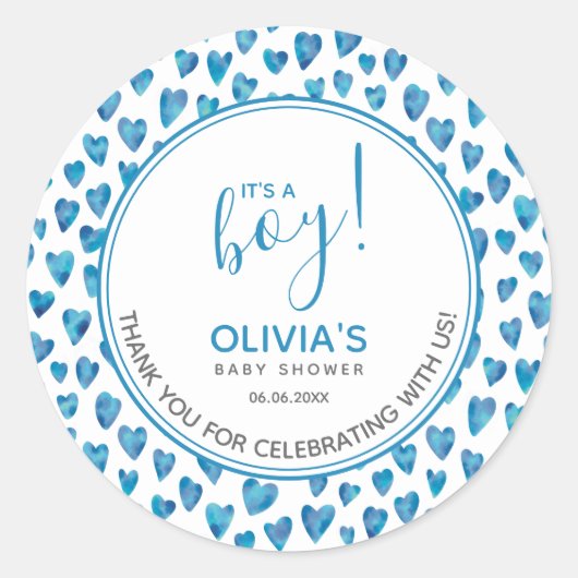 Cute Blue Heart Baby shower Het is een jongen Ronde Sticker (Voorkant)