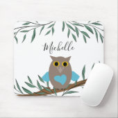 Cute Blue Heart Owl Branch Leaves Name Muismat (Met muis)