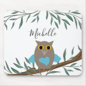Cute Blue Heart Owl Branch Leaves Name Muismat (Voorkant)