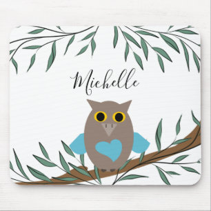 Cute Blue Heart Owl Branch Leaves Name Muismat