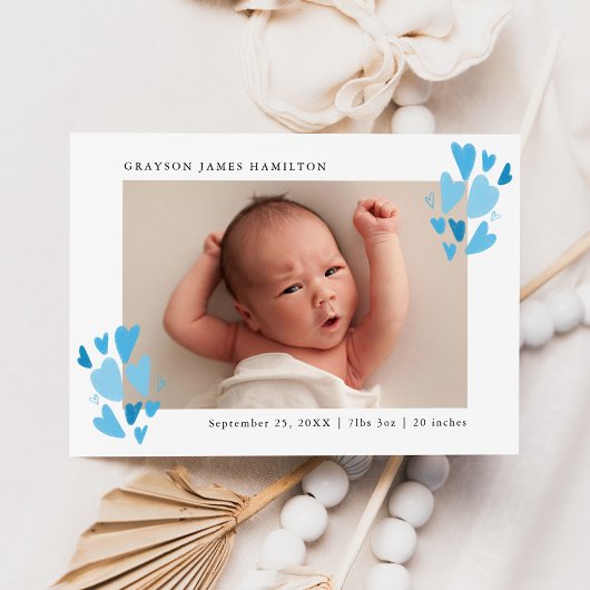 Cute Blue Hearts Photo Birth Aankondiging