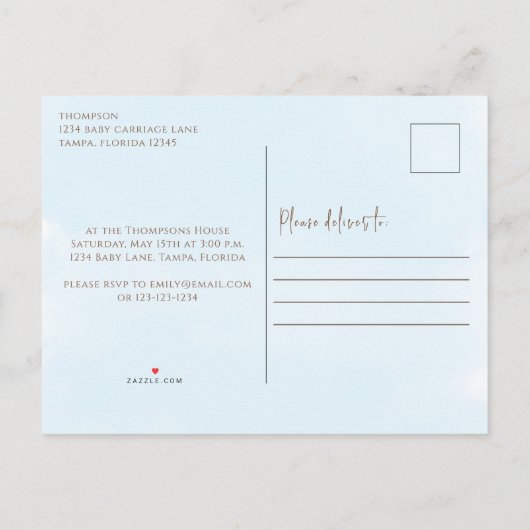 Cute Blue Het is een jongen  Baby Carriage Classic Uitnodiging Briefkaart (Achterkant)