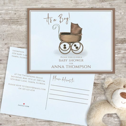 Cute Blue Het is een jongen  Baby Carriage Classic Uitnodiging Briefkaart