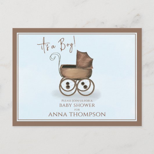 Cute Blue Het is een jongen Baby Carriage Classic Uitnodiging Briefkaart (Voorkant)