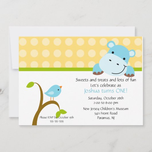 Cute Blue Hippo Birthday Invitation Kaart (Voorkant)