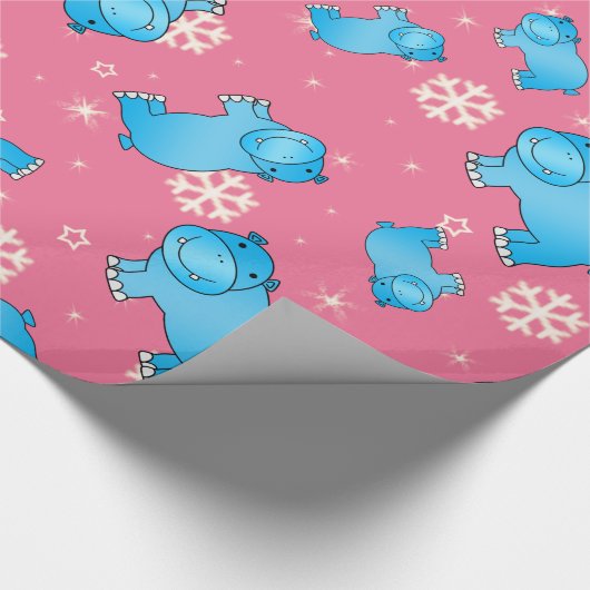 Cute blue hippo kerst roze sneeuwvlokken cadeaupapier (Hoek)