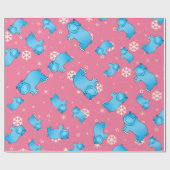 Cute blue hippo kerst roze sneeuwvlokken cadeaupapier (Vlak)