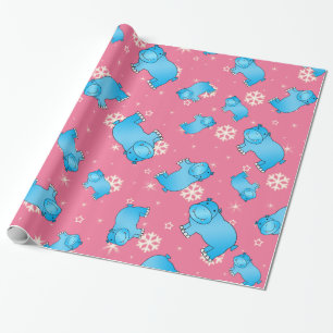 Cute blue hippo kerst roze sneeuwvlokken cadeaupapier