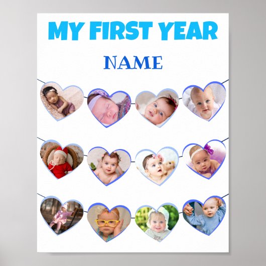 Cute Blue hoort mijn eerste 12-fotocollage Poster (Voorkant)