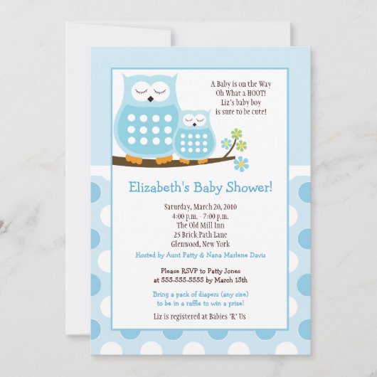 Cute Blue Hoot Ownership 5x7 Baby shower Dot Invit Kaart (Voorkant)
