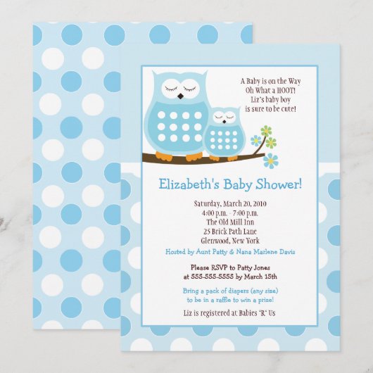 Cute Blue Hoot Ownership 5x7 Baby shower Dot Invit Kaart (Voorkant / Achterkant)