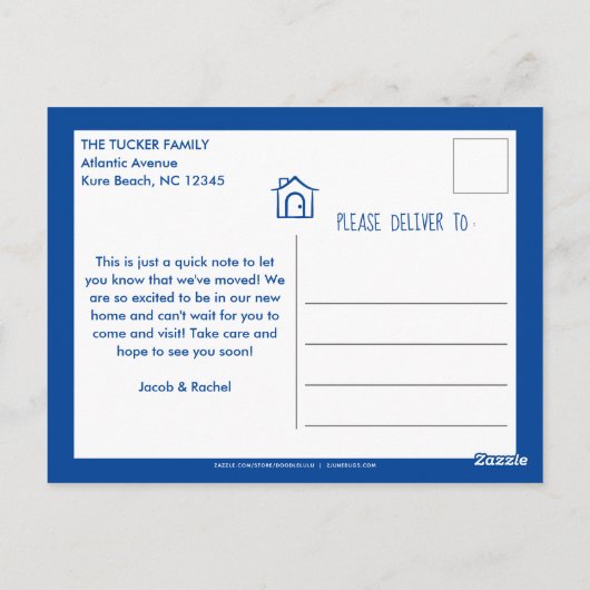 Cute Blue House We hebben de aankondiging verplaat Briefkaart (Achterkant)