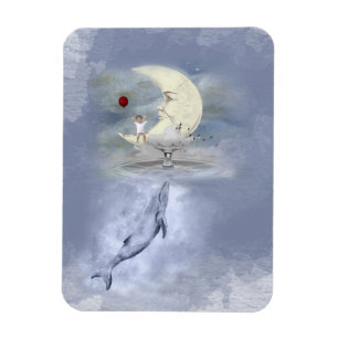 Cute Blue Humpback Whale en Moon, fantasie Magneet