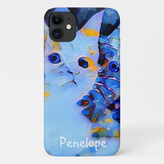 Cute Blue Impressionist Kitten Art met Jouw naam Case-Mate iPhone Case (Achterkant)
